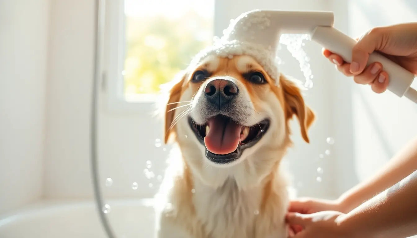 Smiling dog being washed in a bathtub with foam/suds