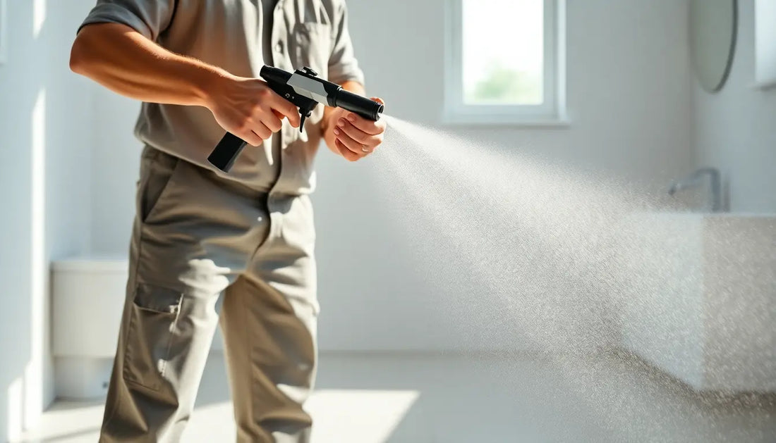 Worker using a sprayer to disinfect a bathroom during a cleaning appointment