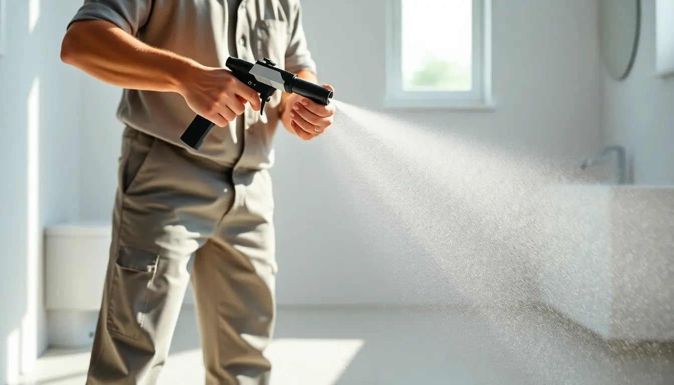 Worker using a sprayer to disinfect a bathroom during a cleaning appointment