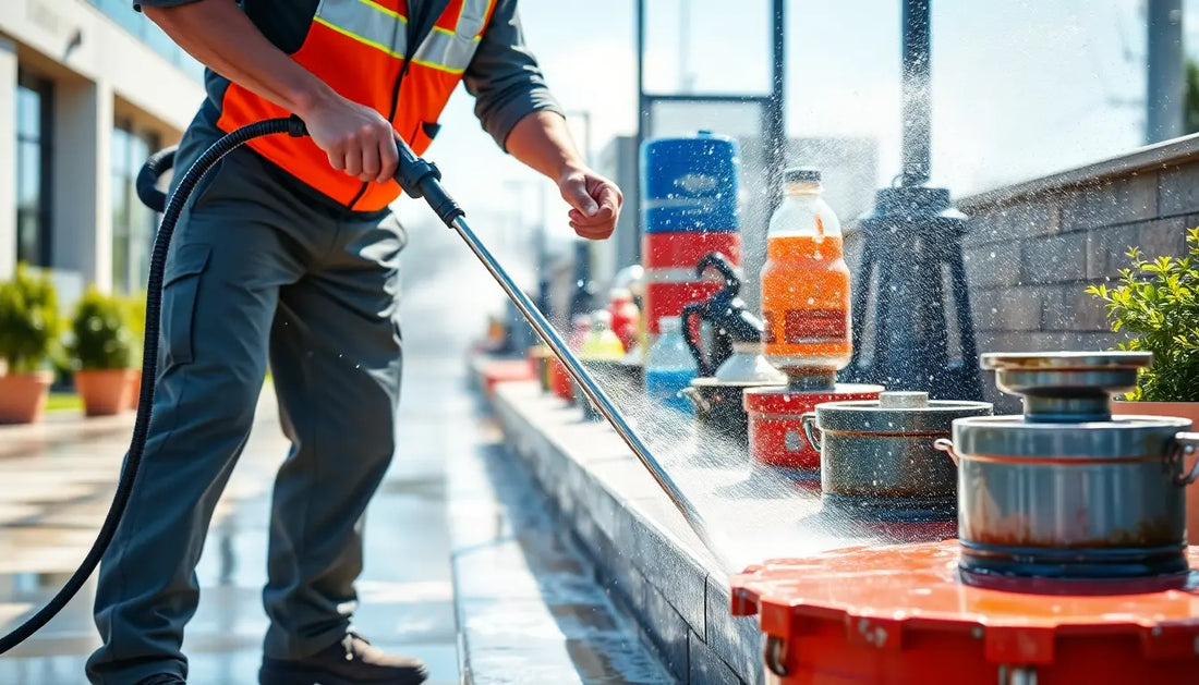 Worker using a sprayer to disinfect a bathroom during a cleaning appointment